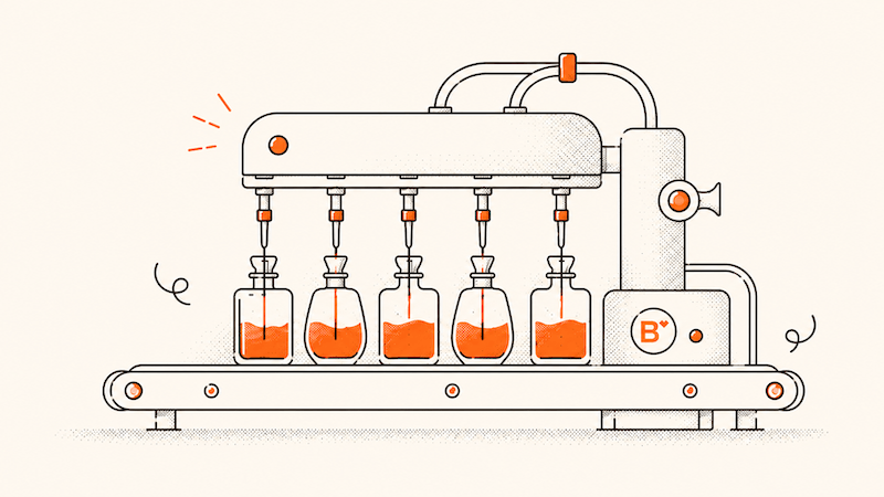 Automated perfume filling line with bottles on a conveyor
