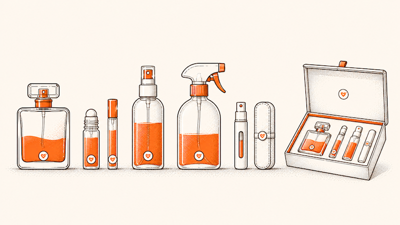Private label fragrance product types including perfume, oils, mists, and gift sets